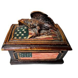 Vintage Young's Patriotic Wooden Trinket Box With Eagle & Flag Keepsake Storage